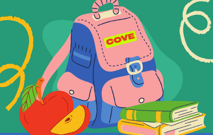Illustration of a blue and pink school backpack with a "COVE" label, next to a red apple and a stack of green and yellow books on a teal background with decorative swirls.