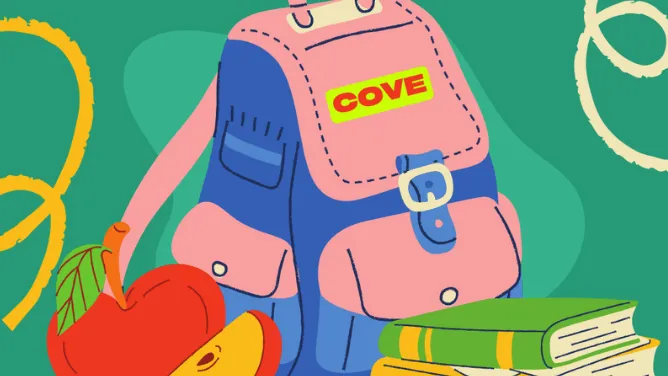 Illustration of a blue and pink school backpack with a "COVE" label, next to a red apple and a stack of green and yellow books on a teal background with decorative swirls.