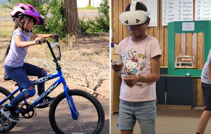Young girl on the left riding her bike and a young girl on the right playing a VR game.