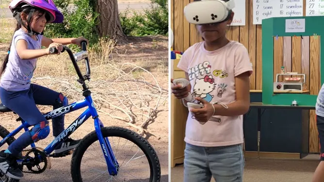 Young girl on the left riding her bike and a young girl on the right playing a VR game.